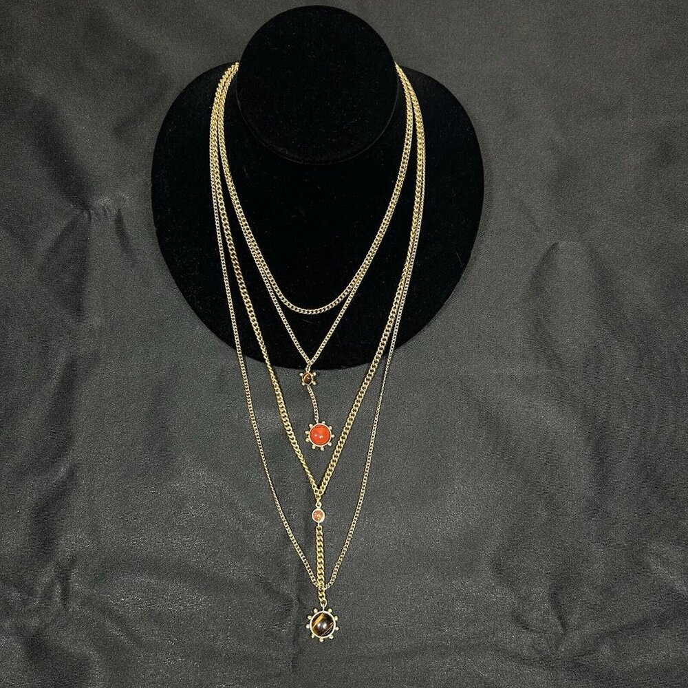Lena Bernard Multi Chain Layered Necklace Gold Tune Red Brown Suns 30” Long